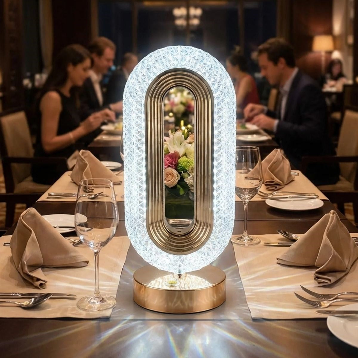 Oval Şeklinde Kristal LED Masa Lambası – Dokunmatik, 3 Renk Işık Modlu, Şarjlı Dekoratif Gece Lambası